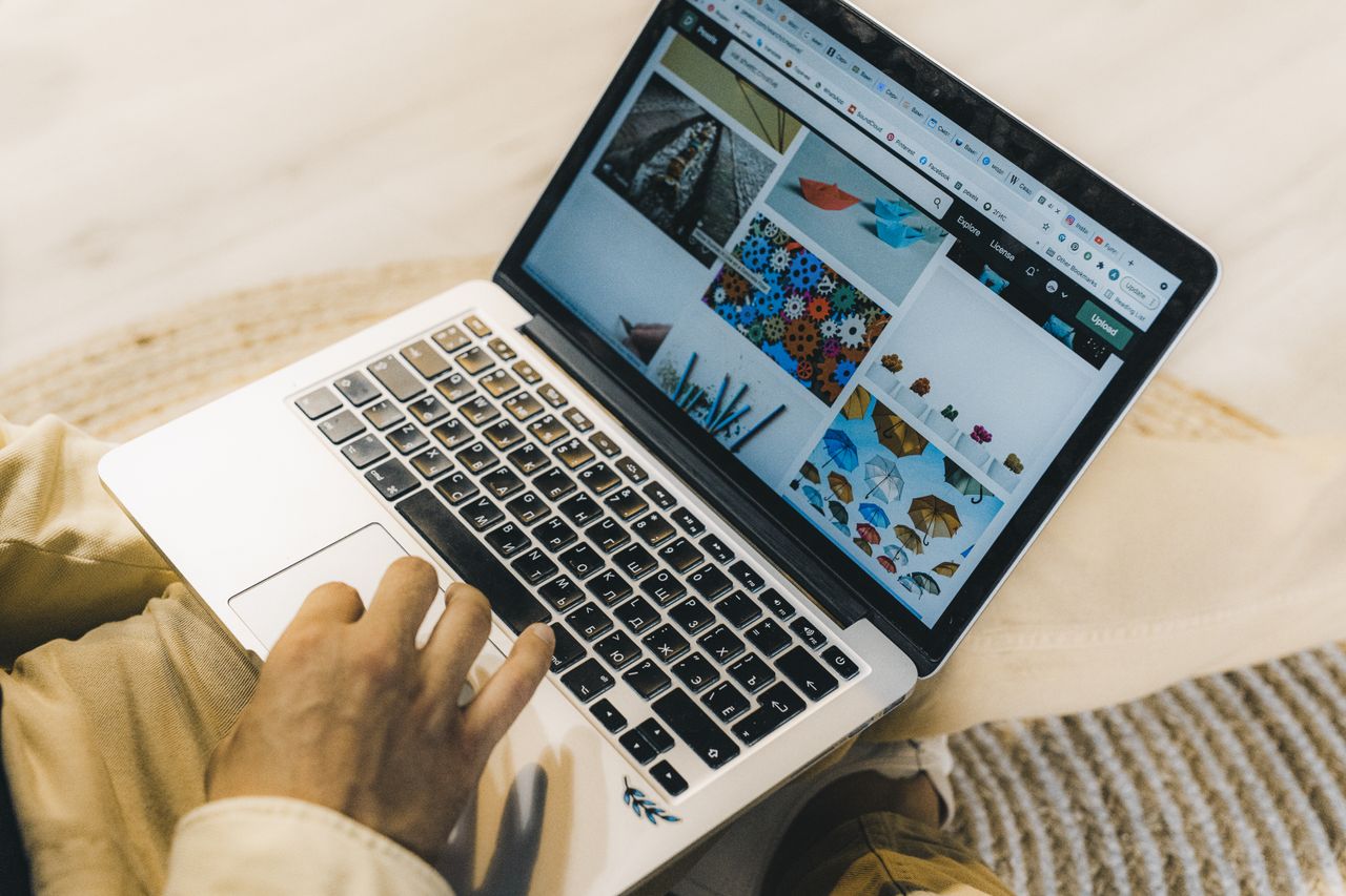 creative-02 A person on a laptop browsing stock photo sites. Freelancing work in a comfortable setting.